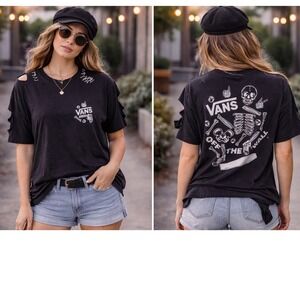 Vans Off The Wall Distressed Skeleton Graphic Tee Black Custom Stitched Punk